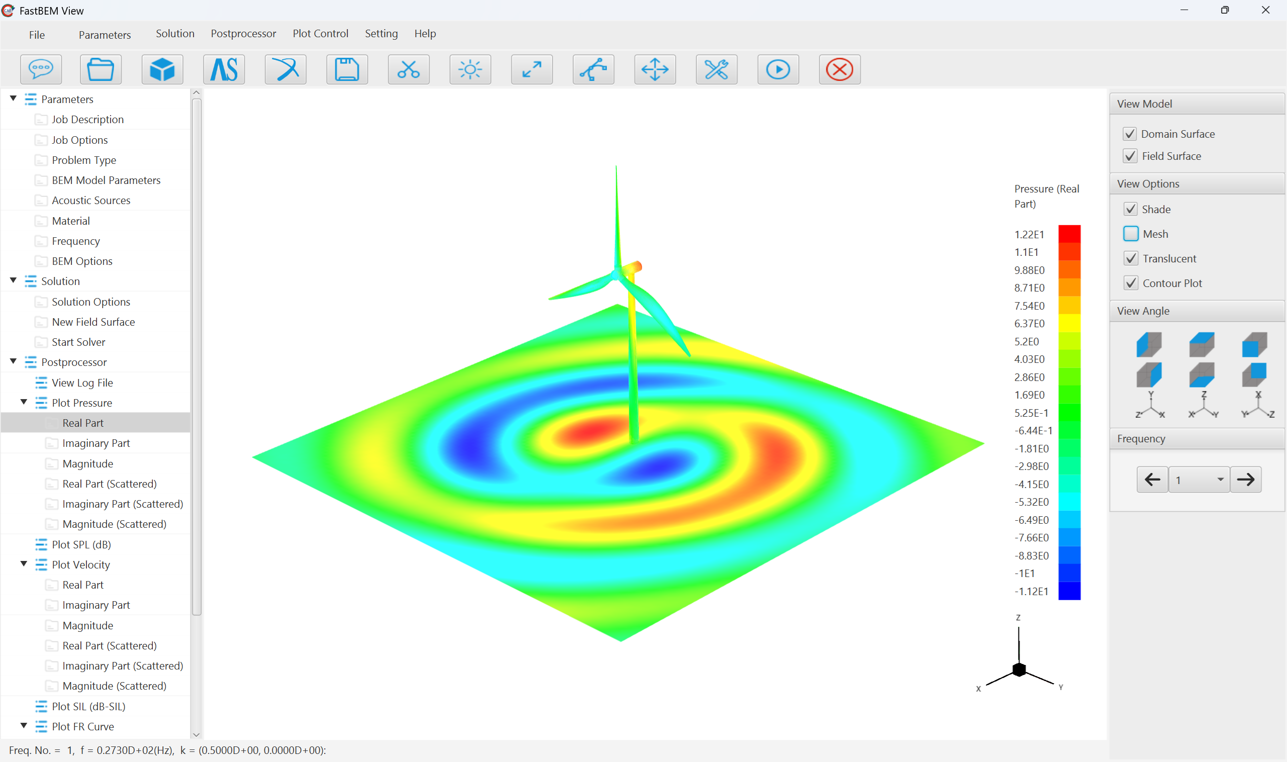 FastBEM View displaying a wind-turbine sound pressure level contour
