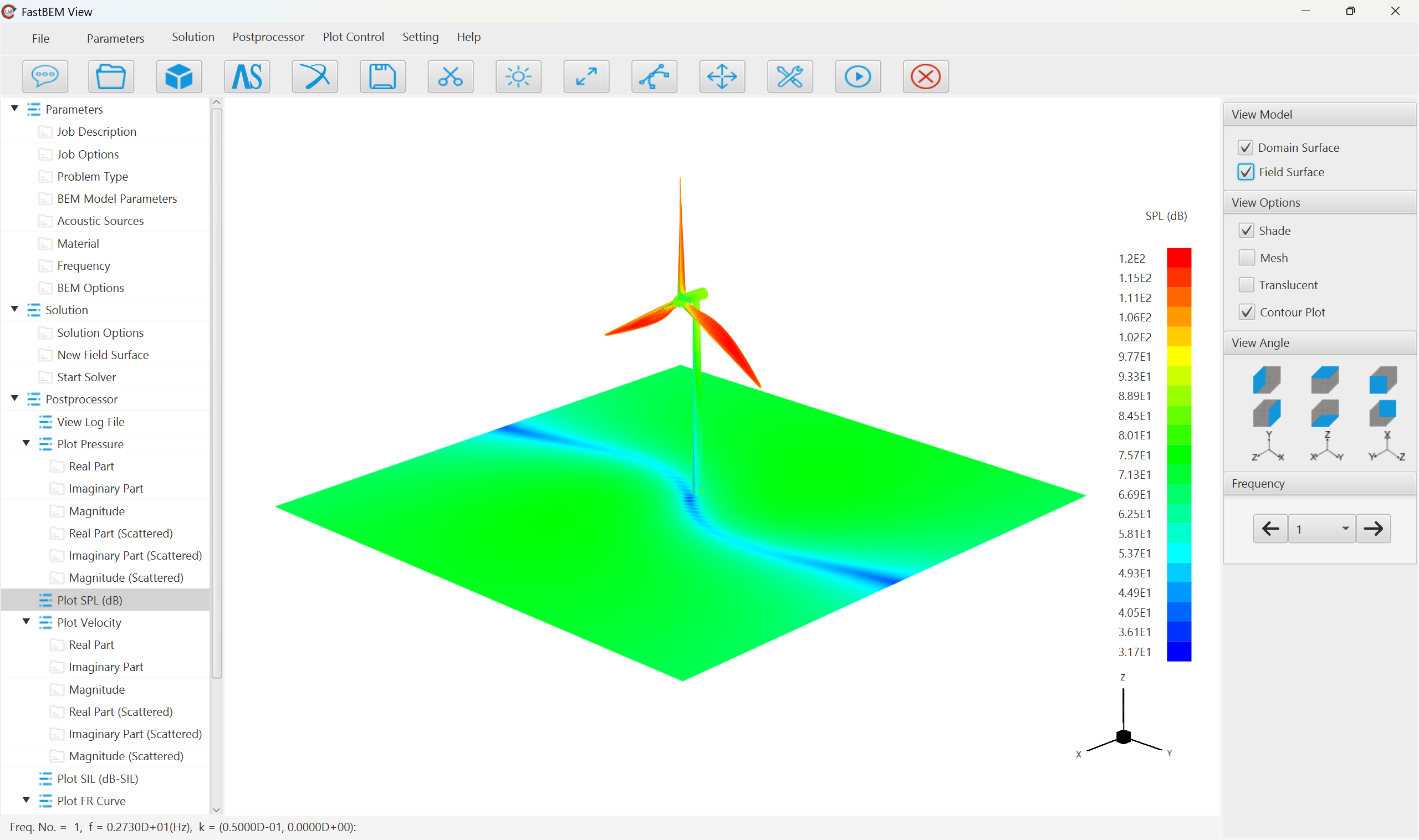 FastBEM View displaying a wind-turbine sound pressure level contour